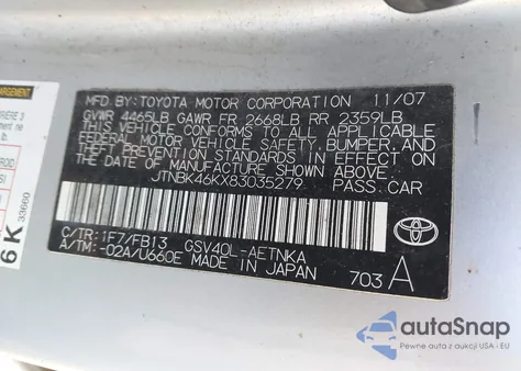 2008 Toyota Camry Le V6 from USA, damaged, VIN JTNBK46KX83035279